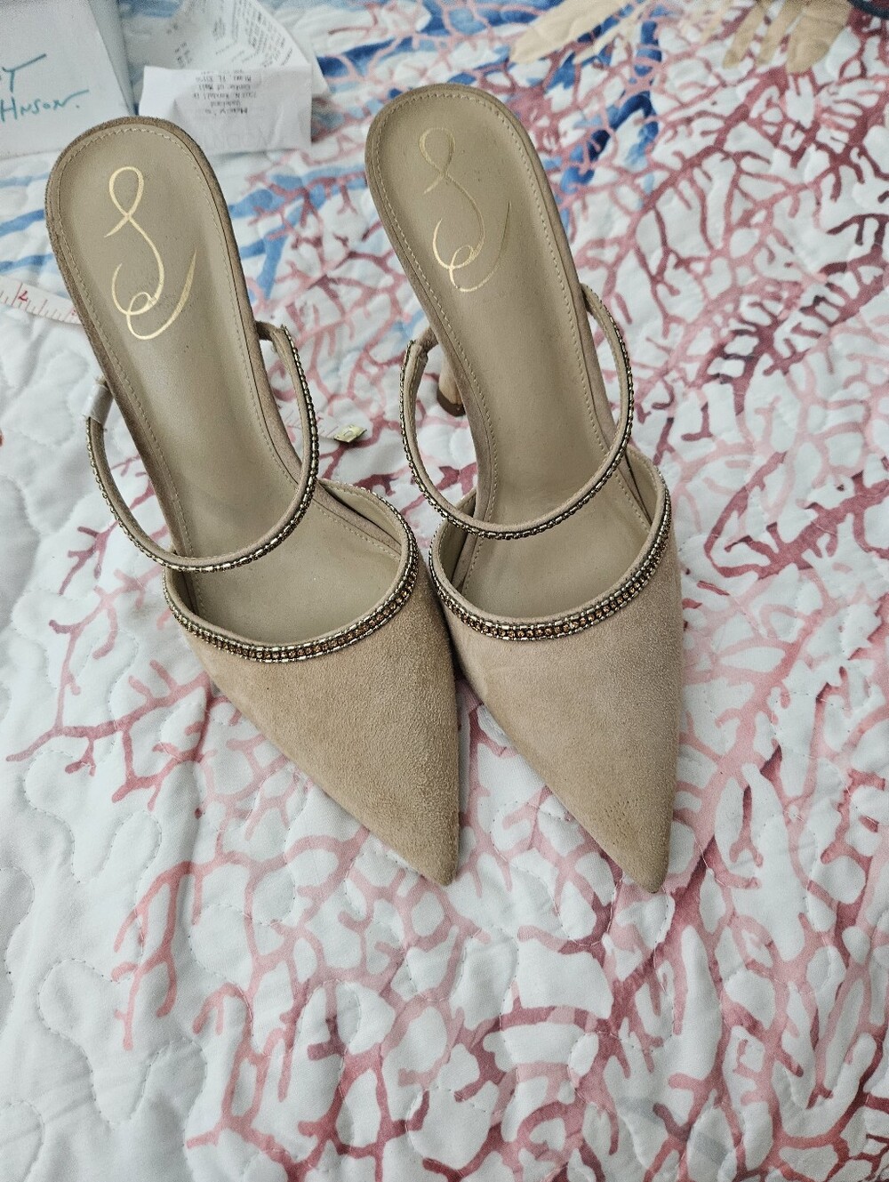 Sam Edelman Beige Pointed-Toe Rhinestone-Trim Mules
